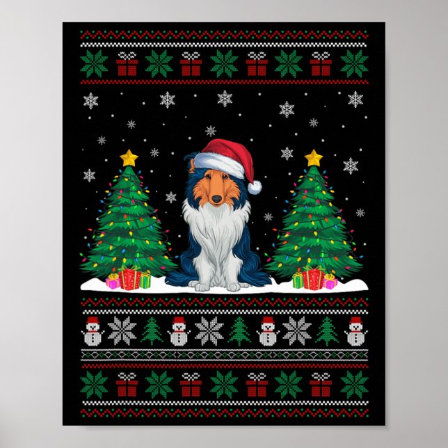 Santa Hat Rough Collie Hund Julafton Träd Ljus ugl Poster (Framsidan)