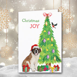 Santa Hat Saint Bernard Hund och Julgran Helgkort