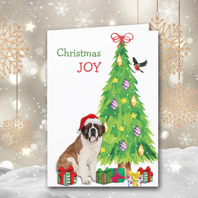 Santa Hat Saint Bernard Hund och Julgran Helgkort (Skapare uppladdad)