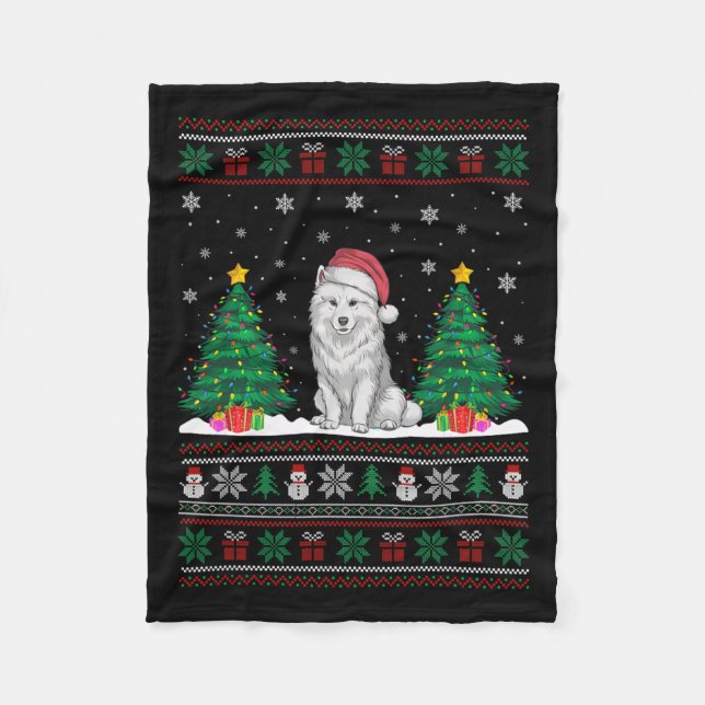 Santa Hat Samoyed Hund Julgran Ljus Ugly S Fleecefilt (Framsidan)