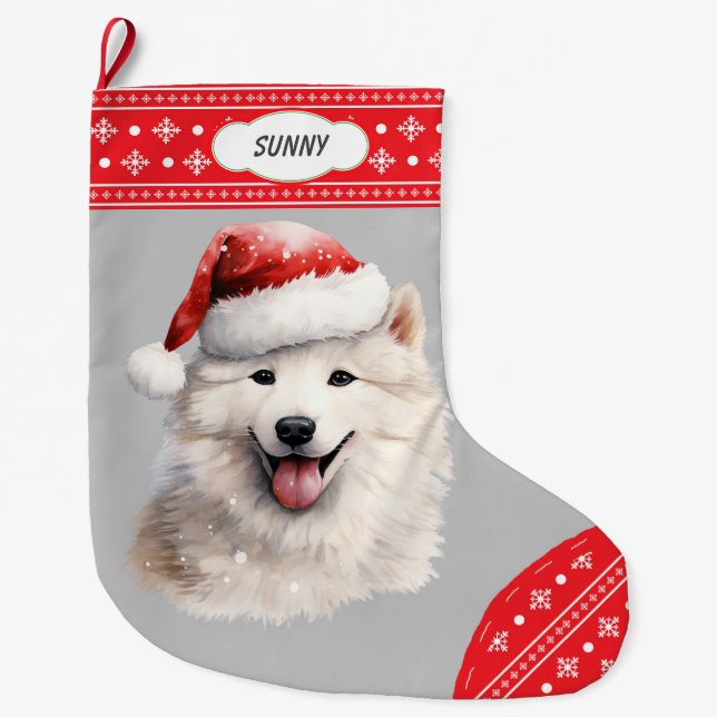 Santa Hat Samoyed Hund Snowflake Gräns Stor Julstrumpa (Framsidan)
