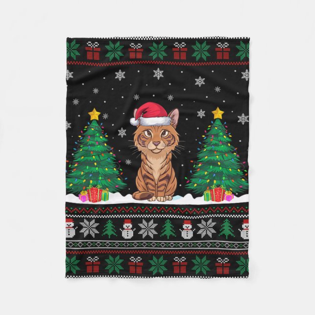 Santa Hat Savannah Cat Julgran Ljus Ugly Fleecefilt (Framsidan)