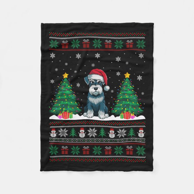 Santa Hat Schnauzer Hund Julgran Ljus Ugly Fleecefilt (Framsidan)