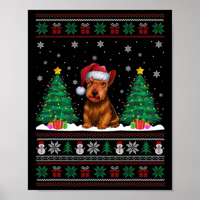 Santa Hat Scottish Terrier Hund Julafton Träd Ljus Poster (Framsidan)