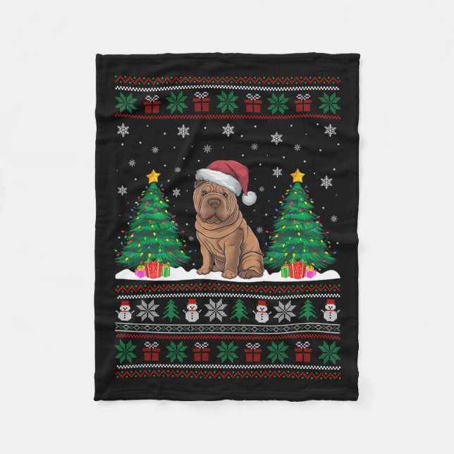 Santa Hat Shar Pei Hund Julgran Ljus Ugly Fleecefilt (Framsidan)