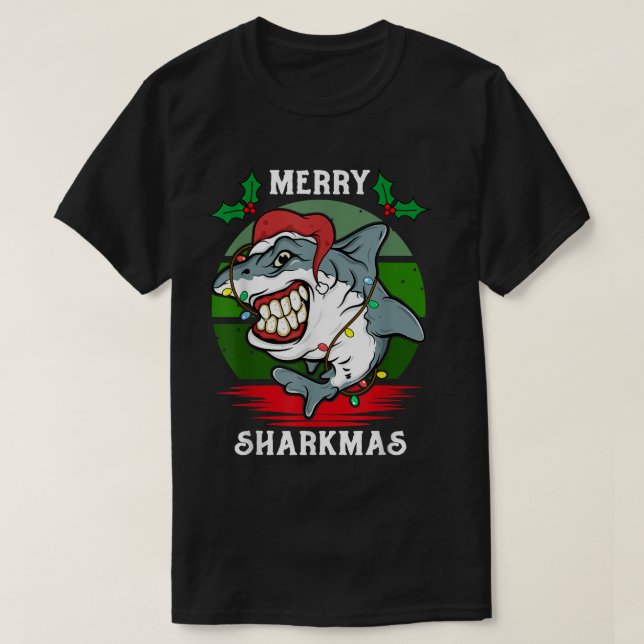 Santa Hat Shark Merry Sharkmas Christmas PJ Pajama T Shirt (Design framsida)