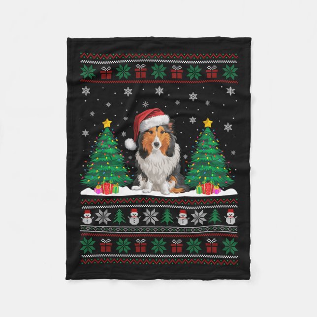 Santa Hat Shetland Sheepdog Hund Julafton Träd Lig Fleecefilt (Framsidan)