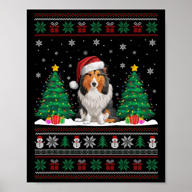 Santa Hat Shetland Sheepdog Hund Julafton Träd Lig Poster (Framsidan)