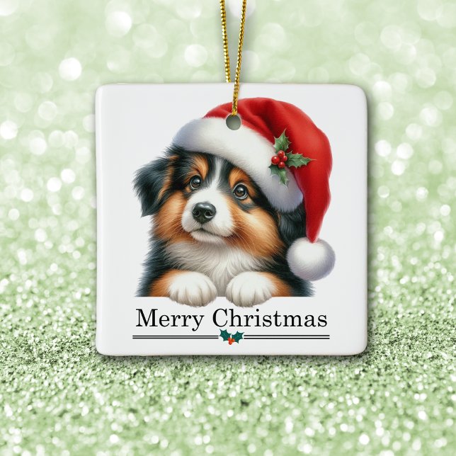 Santa Hat Shetland Sheepdog Puppy Merry Christmas Julgransprydnad Keramik (Skapare uppladdad)