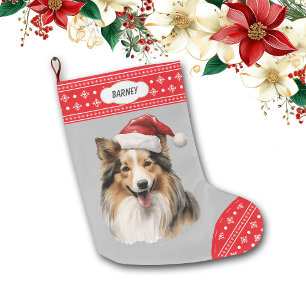 Santa Hat Shetland Sheepdog Snowflake Gräns Stor Julstrumpa