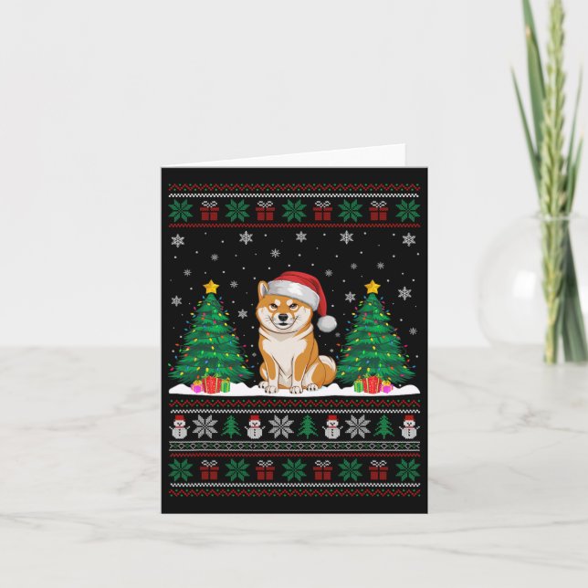 Santa Hat Shiba Inu Hund Julgran Ljus Ugly Kort (Framsida)