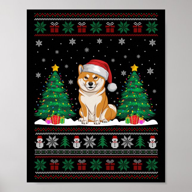 Santa Hat Shiba Inu Hund Julgran Ljus Ugly Poster (Framsidan)