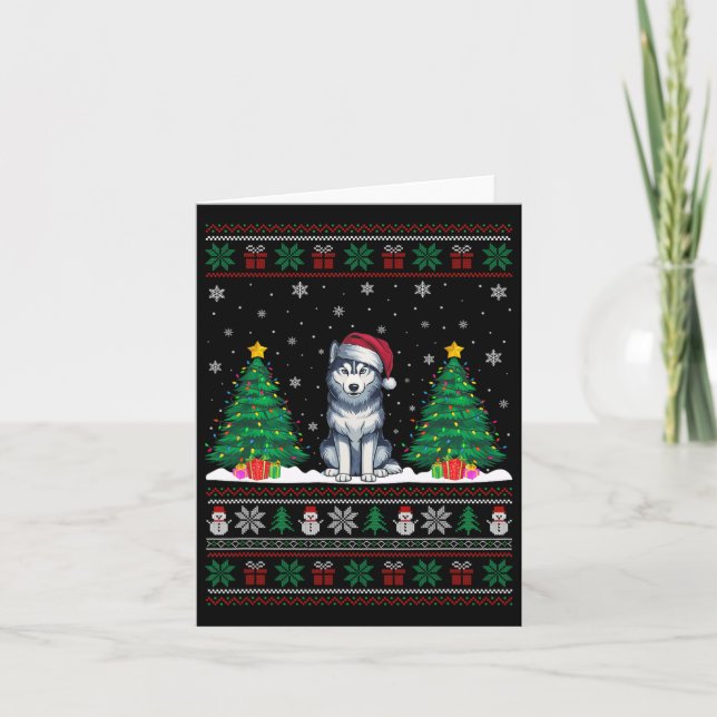 Santa Hat Siberian husky Hund Julafton Träd Ljus U Kort (Framsida)