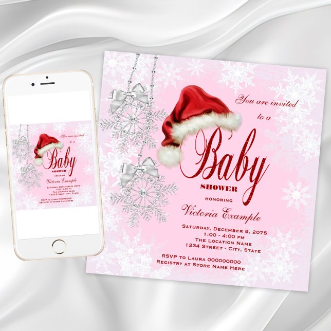 Santa Hat Snöflingor Girls-julstödsprogram Inbjudningar (Christmas baby shower invitation. Any color background. Printed and instant download available.)