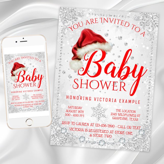 Santa Hat Snowflake jul Baby Shower Inbjudningar (Christmas baby shower invitation with Santa hat and snowflakes. Digital download and printed.)
