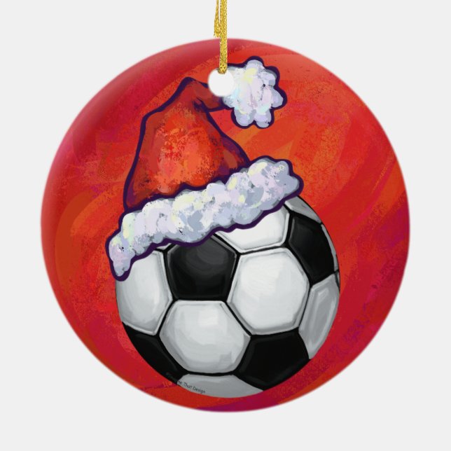 Santa Hat Soccer Ball on Red Julgransprydnad Keramik (Baksidan)