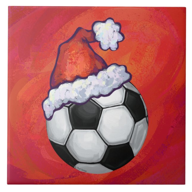 Santa Hat Soccer Ball on Red Kakelplatta (Framsidan)
