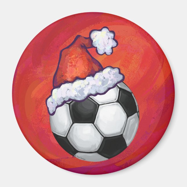 Santa Hat Soccer Ball on Red Magnet (Framsidan)