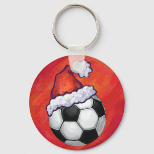 Santa Hat Soccer Ball on Red Nyckelring