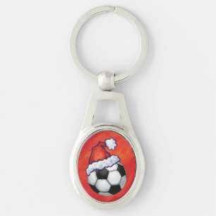 Santa Hat Soccer Ball on Red Ovalt Silverfärgad Nyckelring