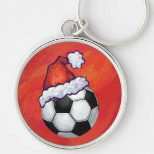 Santa Hat Soccer Ball on Red Rund Silverfärgad Nyckelring