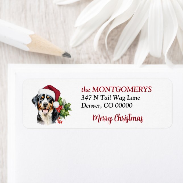 Santa Hat Swiss Mountain Dog Christmas  Returadress Etikett (Insitu)