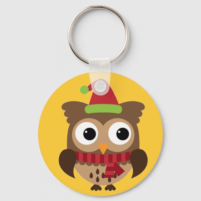 Santa Hat Uggla med Red Scarf Button Keychain Nyckelring (Framsida)