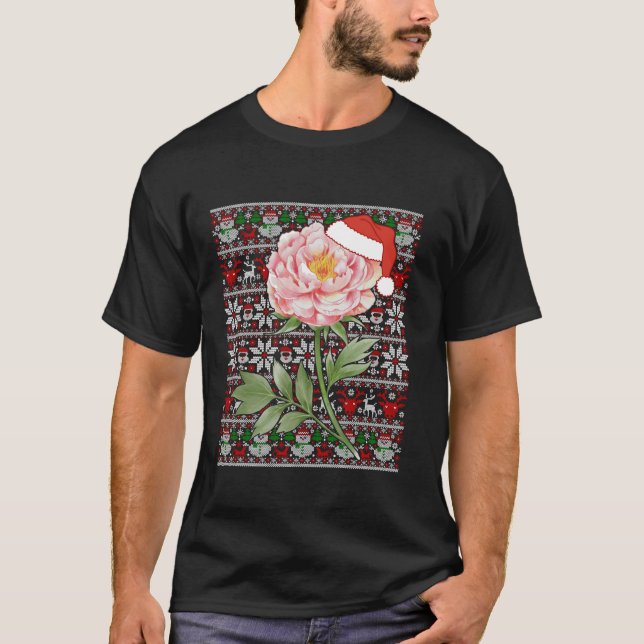 Santa Hat Ugly jul Sweater Peony Flower Kärlek T Shirt (Framsida)