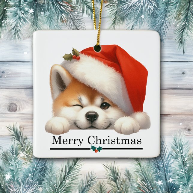 Santa Hat Winking Akita Puppy Merry Christmas Julgransprydnad Keramik (Skapare uppladdad)