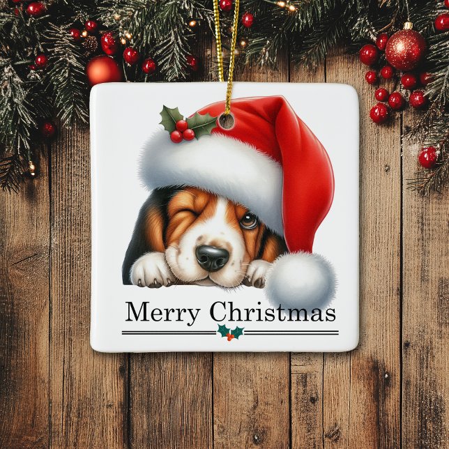 Santa Hat Winking Basset Hound Puppy Christmas Julgransprydnad Keramik (Skapare uppladdad)