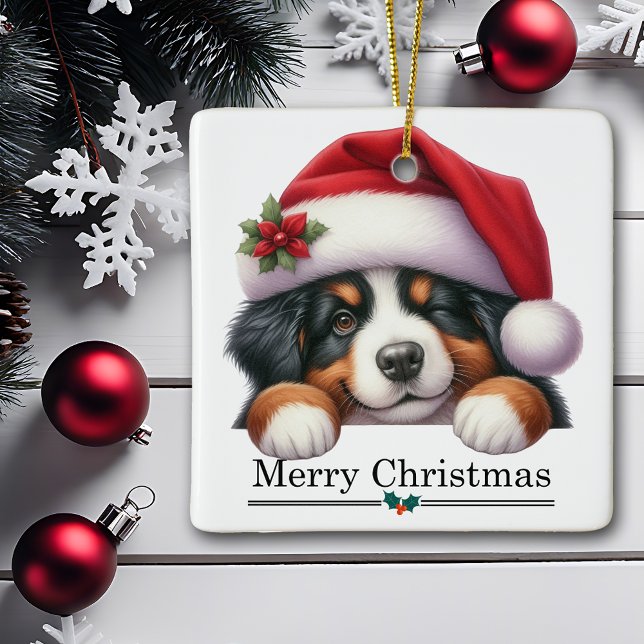 Santa Hat Winking Bernese Mountain Puppy Christmas Julgransprydnad Keramik (Skapare uppladdad)