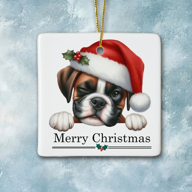 Santa Hat Winking Boxer Dog Puppy Christmas Julgransprydnad Keramik (Skapare uppladdad)