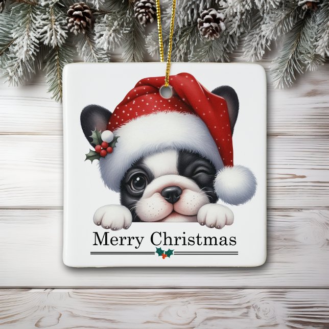 Santa Hat Winking French Bulldog Puppy Christmas Julgransprydnad Keramik (Skapare uppladdad)