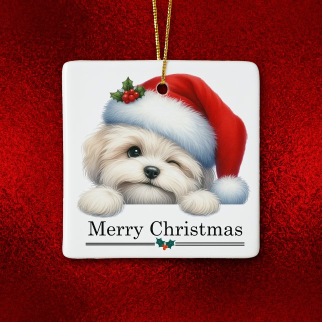 Santa Hat Winking Havanese Puppy Christmas Julgransprydnad Keramik (Skapare uppladdad)