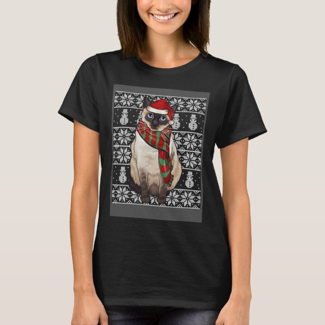 Santa Hat Xmas Siamese Cat Ugly Christmas T Shirt (Framsida)