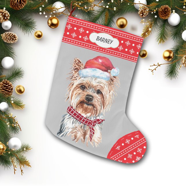 Santa Hat Yorkie Snowflake Gräns Stor Julstrumpa (Skapare uppladdad)