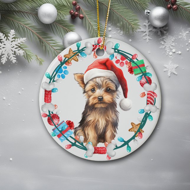 Santa Hat Yorkshire Terrier Hund Bone WAN Julgransprydnad Keramik (Skapare uppladdad)