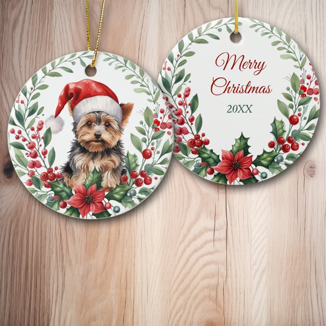 Santa Hat Yorkshire Terrier Poinsettia Wandeans Julgransprydnad Keramik (Skapare uppladdad)