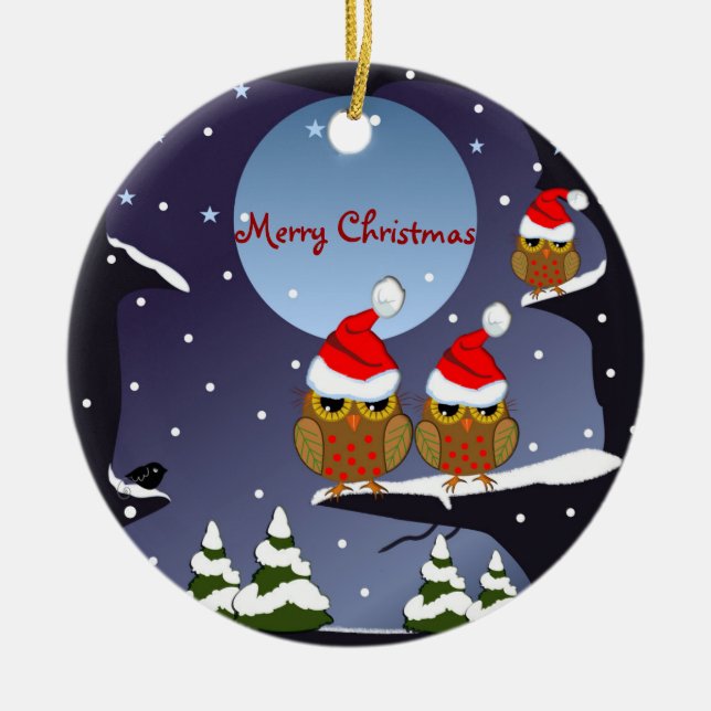 Santa Hats Uggla i en snövärldstext och anpassning Julgransprydnad Keramik (Framsidan)