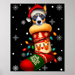 Santa hatt blå Heeler hund i julstrumpor män W Poster