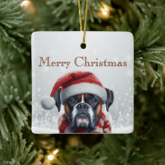 Santa Hatt Boxer Hund Jul Julgransprydnad Keramik