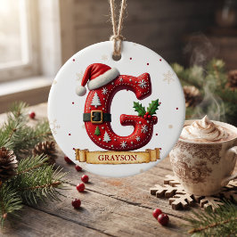 Santa Hatt Röd Jul Bokstav G Namn Julgransprydnad Keramik