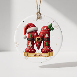 Santa Hatt Röd Jul Bokstav M Namn Julgransprydnad Keramik