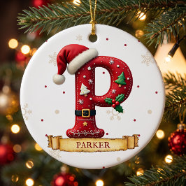 Santa Hatt Röd Jul Bokstav P Namn Julgransprydnad Keramik