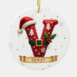 Santa Hatt Röd Jul Bokstav V Namn Julgransprydnad Keramik