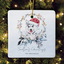 Santa Hatt Siberian Husky Valp Anpassad Jul Julgransprydnad Keramik