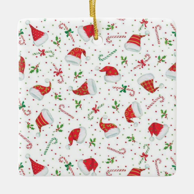 Santa hattar och candy cane julgransprydnad keramik (Framsida)