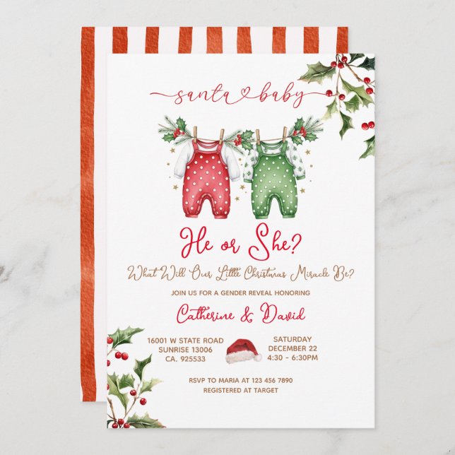 Santa He or She Christmas Gender Reveal Invitation Inbjudningar (Fram/baksida)