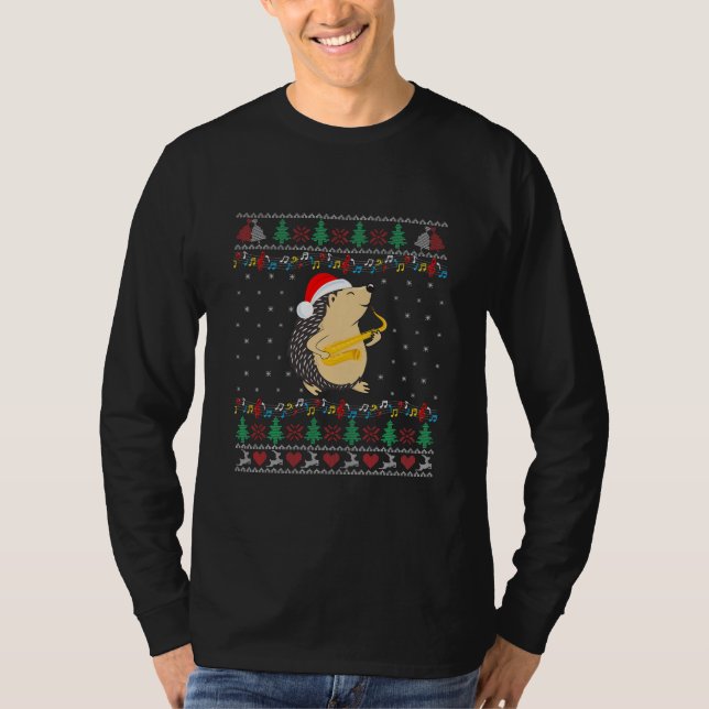 Santa Hedgehog Ugly jul Sweater Saxophone T Shirt (Framsida)