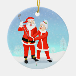 Santa Helping Mrs Claus med hennes golfswing Julgransprydnad Keramik